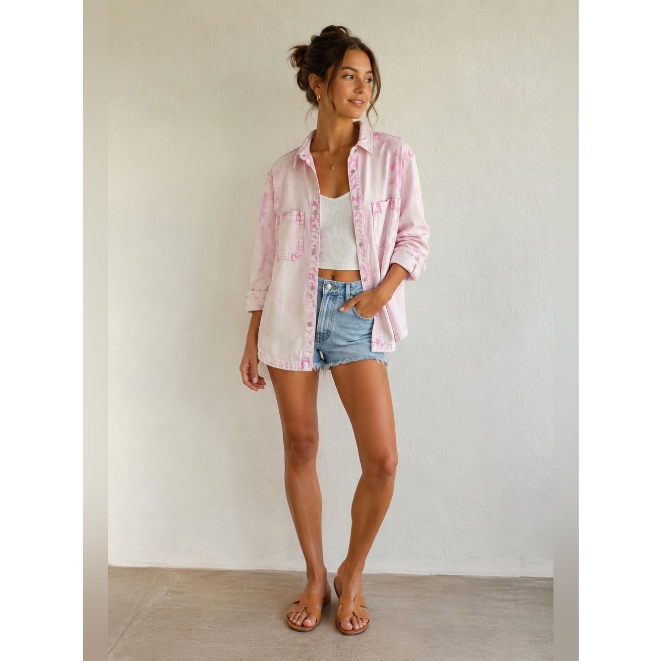 Ser.O.Ya Light Pink Tie-Dye Mariel Snap Button Oversized Denim Shacket